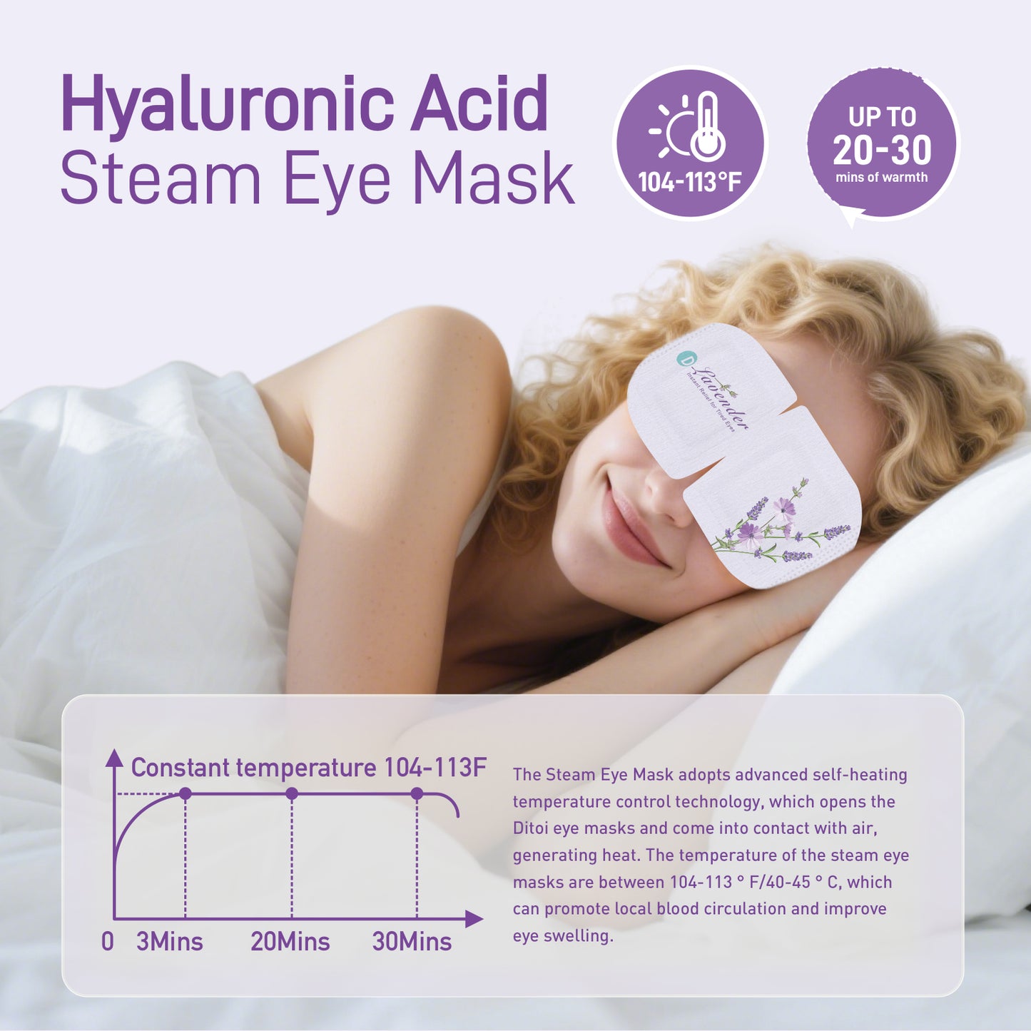 Ditoi Lavender Essential Oil Steam Eye Mask – Hyaluronic Acid Infused, Self-Heating, Deeply Hydrating & Soothing