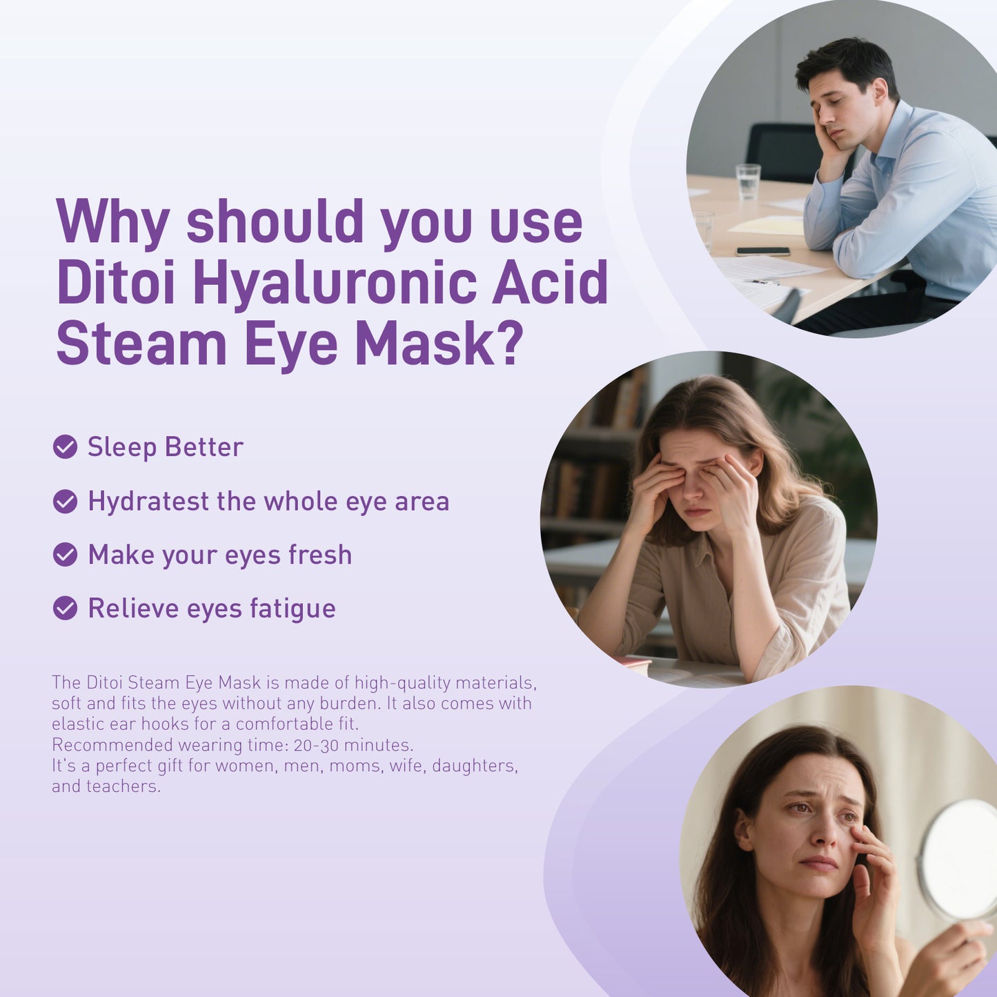 Ditoi Lavender Essential Oil Steam Eye Mask – Hyaluronic Acid Infused, Self-Heating, Deeply Hydrating & Soothing